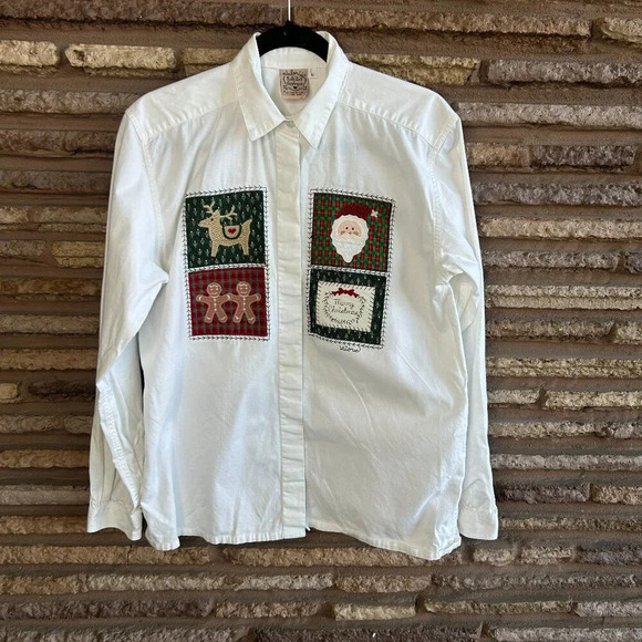 Folk Art Applique by Valorie Sockwell Christmas Patches Button Front Shirt - Picture 1 of 8